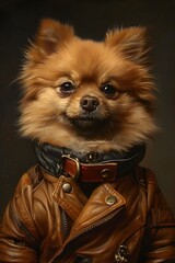 Pomeranian Puppy Confidently Wearing Chic Leather Jacket in Detailed Oil Painting