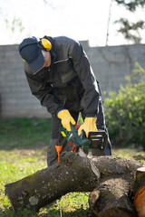 A man in uniform cuts an old tree in the yard with an electric saw.