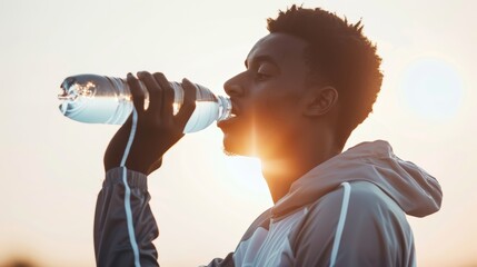 Fitness, health, black dude After exercise, sip water to hydrate. Thirsty runner, bottle, or fatigued sports athlete in Chicago relaxing with goals or motivation.