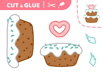 Applique. Big cake with heart. Cut and glue. Cake. Paper game. Vector.