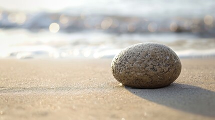 A rock lies by the water's edge on sandy shore