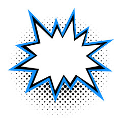 A bold white starburst framed with a jagged blue and black outline, peppered with halftone dots against a subtle grey speckled backdrop, channeling a retro comic book flair.