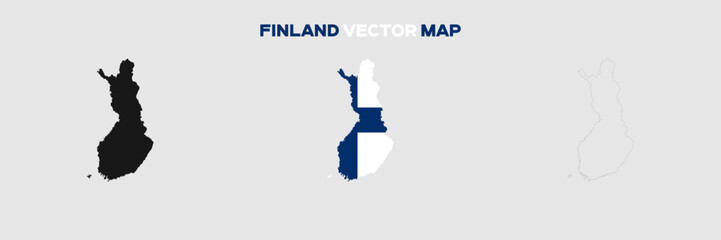 Finland Map Vector Pack. Map with Flag. Gray Map Silhouette. Gray Outline Map. Editable EPS file. 