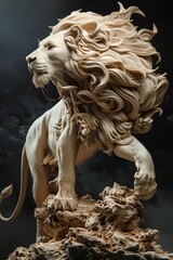 A wooden sculpture of a lion, with a flowing mane, standing on a rock