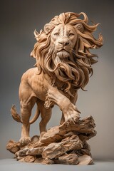 A wooden sculpture of a lion, standing on a rock