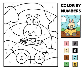 Color by number. Bunny drives a yellow car. Coloring page. Game for kids. Cartoon, vector