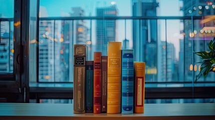 books arranged on a table, featuring a close-up of various standing blank hardcover book spines in diverse colors and sizes, set against a blurred background hinting at school buildings a library.