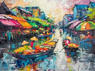 A vibrant painting of a busy market on a river in Southeast Asia