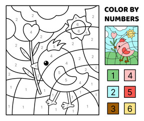 Color by number. Pink nestling with flower. Coloring page. Game for kids. Cartoon, vector