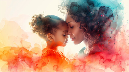 An illustration of a mother holding her little child, with a backdrop of beautiful flowers, capturing a tender and loving moment between mother and child.
 - obrazy, fototapety, plakaty
