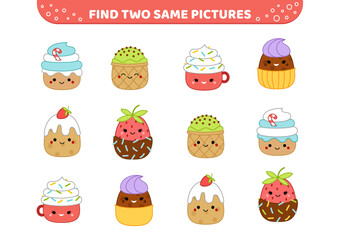 Desserts squishmallow characters. Find two same pictures. Game for children. Kawaii, cartoon vector