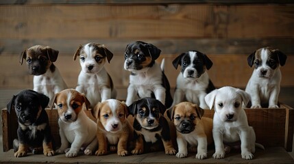 a group of cute and happy puppies as they sit together atop a wooden box, presented in a charming front view.