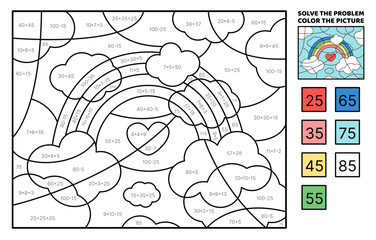 Solve the problem, color the picture. Rainbow in the sky with heart. Coloring book. Vector