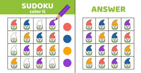 Sudoku. Dwarf. Coloring sudoku with squishmallow dwarf. Cartoon