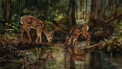 A fawn delicately steps through the forest, each move a gentle dance, bright water color