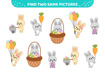 Find two same pictures. Easter game with bunnies and eggs. Game for children. Cartoon, vector