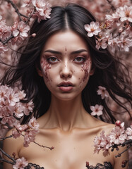 woman with paint on her face surrounded by cherry blossoms. - obrazy, fototapety, plakaty