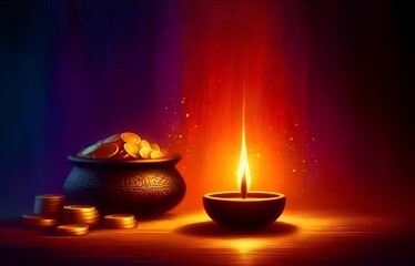 Akshaya tritiya illustration with a pot with gold coins and burning lamp.