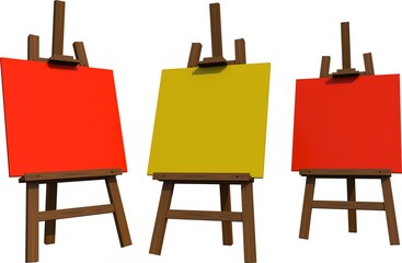 Three artist easels with blank red, yellow, and blue canvases in a well-lit studio. Perfect for...