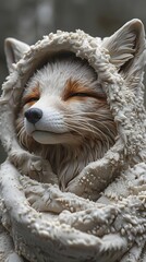 Winter Wonderland A Regal Arctic Fox Sculpture Adorned in Intricate Faux Fur Coat - obrazy, fototapety, plakaty