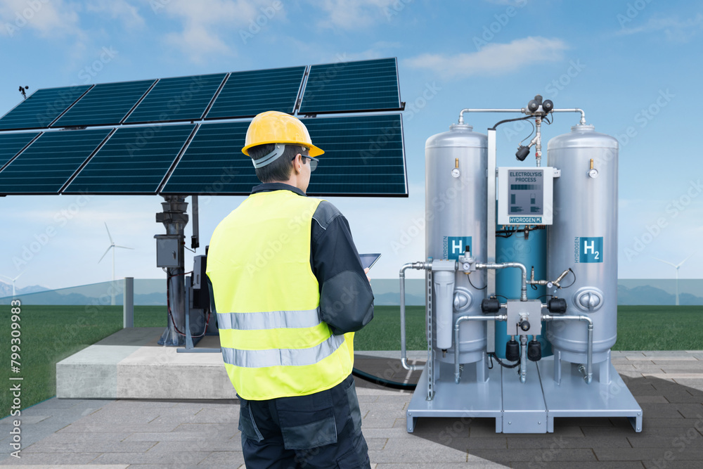 Poster Engineer with tablet computer on a background of Hydrogen factory.
