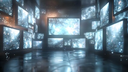 Media Manipulation and Entertainment: A Dark Room Filled with TV Screens and Streaming. Concept Media Manipulation, Entertainment, Dark Room, TV Screens, Streaming