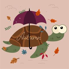  Flat Design Autumn Illustration with Turtle and Umbrella