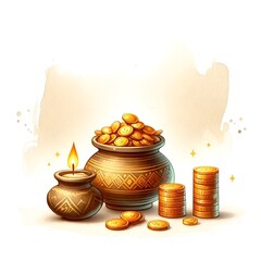 Akshaya tritiya watercolor illustration with a pot and gold coins