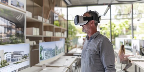 Skilled architect wearing visual reality glasses by using VR goggles to connect and design building...