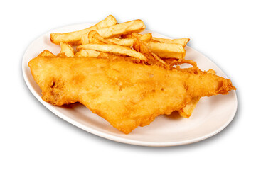 A piece of Halibut fish and chips with French fries on a white plate on a white background