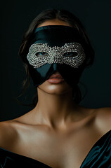 Blindfolded fashion model wearing eyes mask made of silver beads, dark light, dramatic low light 