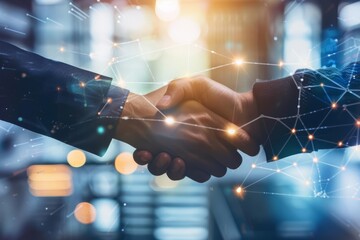 A photo of two people of any race or gender shaking hands with a glowing network of connections in the background.