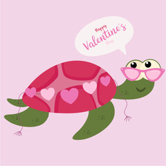 Flat Design Happy Valentine's Day  Illustration with Turtle at Sunglasses