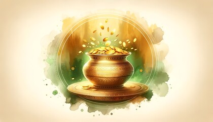 Watercolor illustration for akshaya tritiya with a pot filled with gold coins