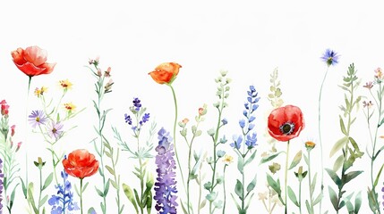 Vibrant Watercolor Meadow with Herbs and Flowers Generative AI