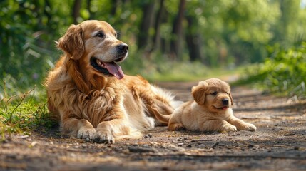 Obraz premium a majestic Golden Retriever dog tenderly lying beside its adorable puppy on a sunlit path within a lush summer park.
