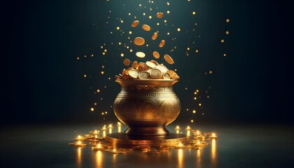 Realistic akshaya tritiya background with a pot with gold coins.