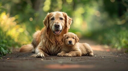 a majestic Golden Retriever dog tenderly lying beside its adorable puppy on a sunlit path within a lush summer park.