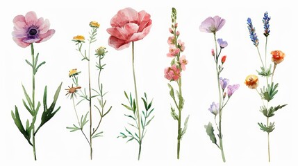 Watercolor Floral Decorations on White Background Generative AI