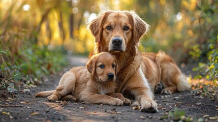 a majestic Golden Retriever dog tenderly lying beside its adorable puppy on a sunlit path within a lush summer park.