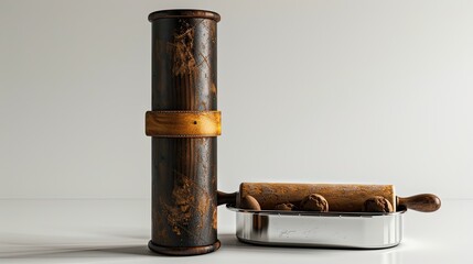 Obraz premium a tall wooden scroll box featuring a leather sleeve and rolling pin, accompanied by an open silver tray overflowing with delectable cookies, against a clean white backdrop.