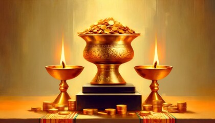 Akshaya tritiya background with a pot with gold coins and burning lamps.