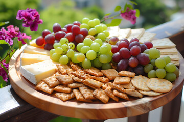 Cheese, crackers and grapes served on a round wooden platter outside on the porch in the sun  - obrazy, fototapety, plakaty