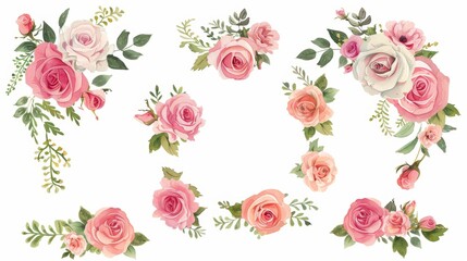 Watercolor Rose Wreath Frame Design on White Background Generative AI