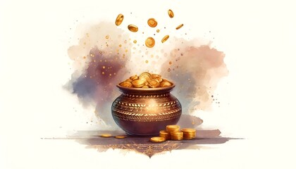 Akshaya tritiya watercolor illustration with a pot with gold coins. - obrazy, fototapety, plakaty