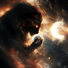 Generative art illustration of a lioness with scarlet fur, holding the planet Earth between her paws in space