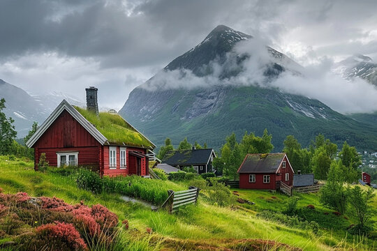 The most picturesque mountain valley in Europe, Innerdalen, is home to traditional wooden cottages with grass roofs in Norway. Landscape photography