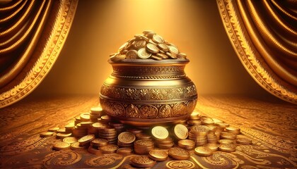 Akshaya tritiya background with a golden pot and golden coins.
