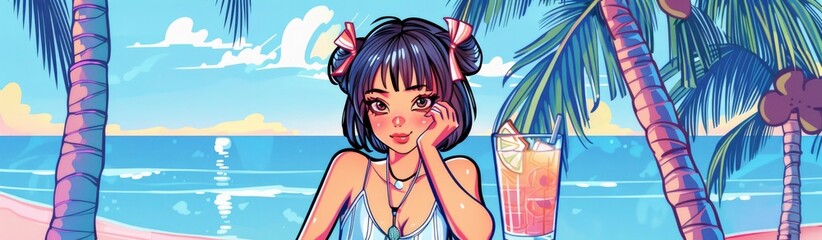 A cute girl is sitting at the bar, with her hand on one cheek and a tropical cocktail in front of her. The background features a blue sky and palm trees.