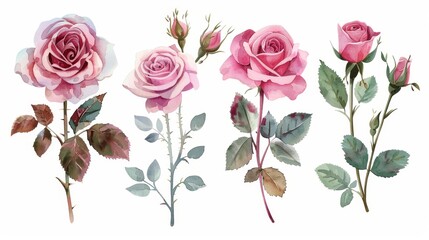 Botanic Garden Watercolor Arrangements with Pink Roses Generative AI